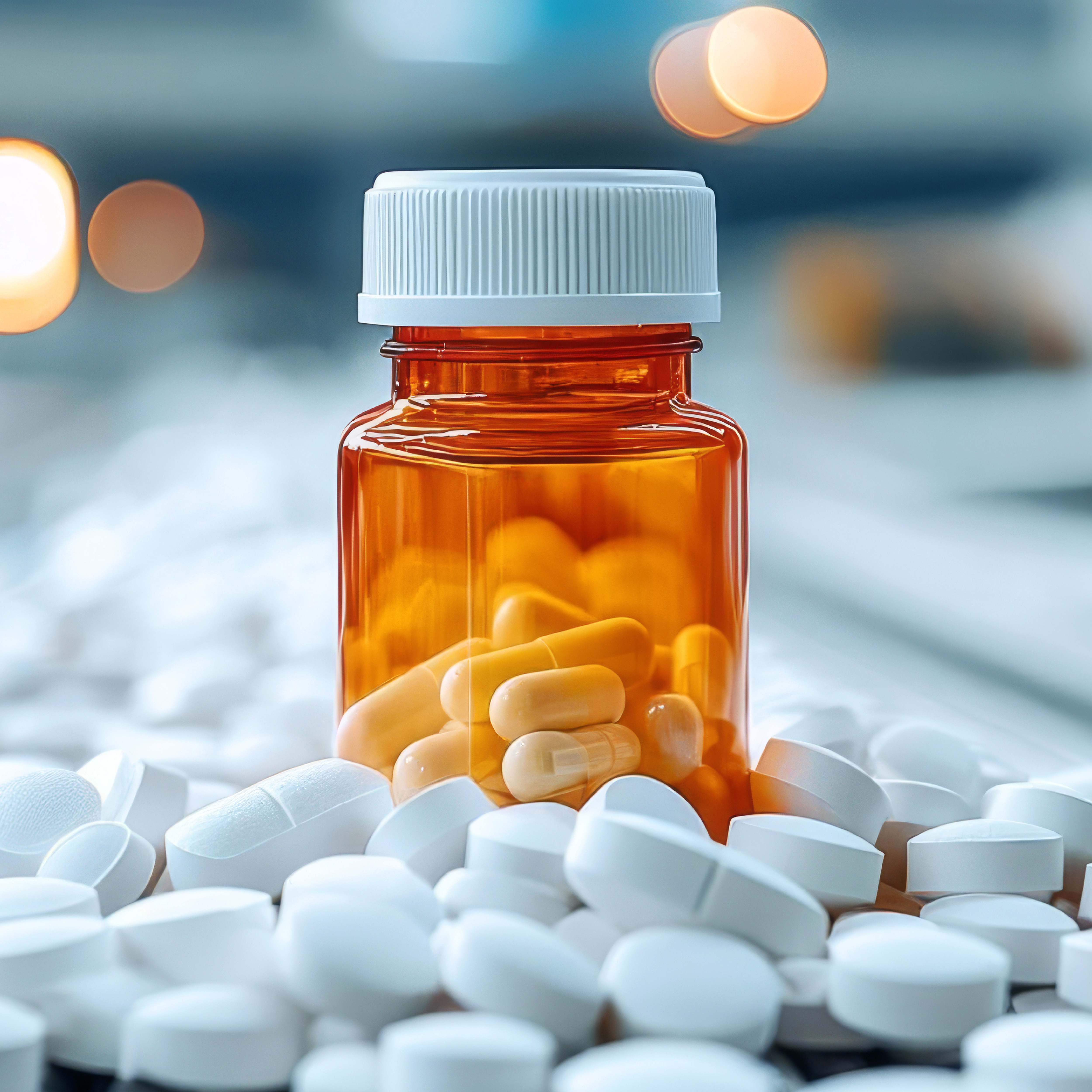 An orange prescription medicine bottle filled with white capsules in the middle of a pile of white capsules and tablets.