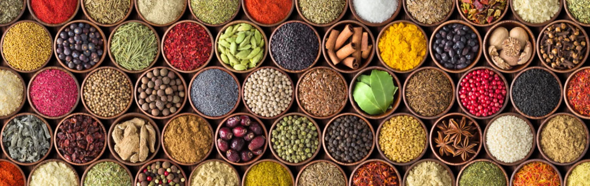 Bowls of spices, herbs and foods