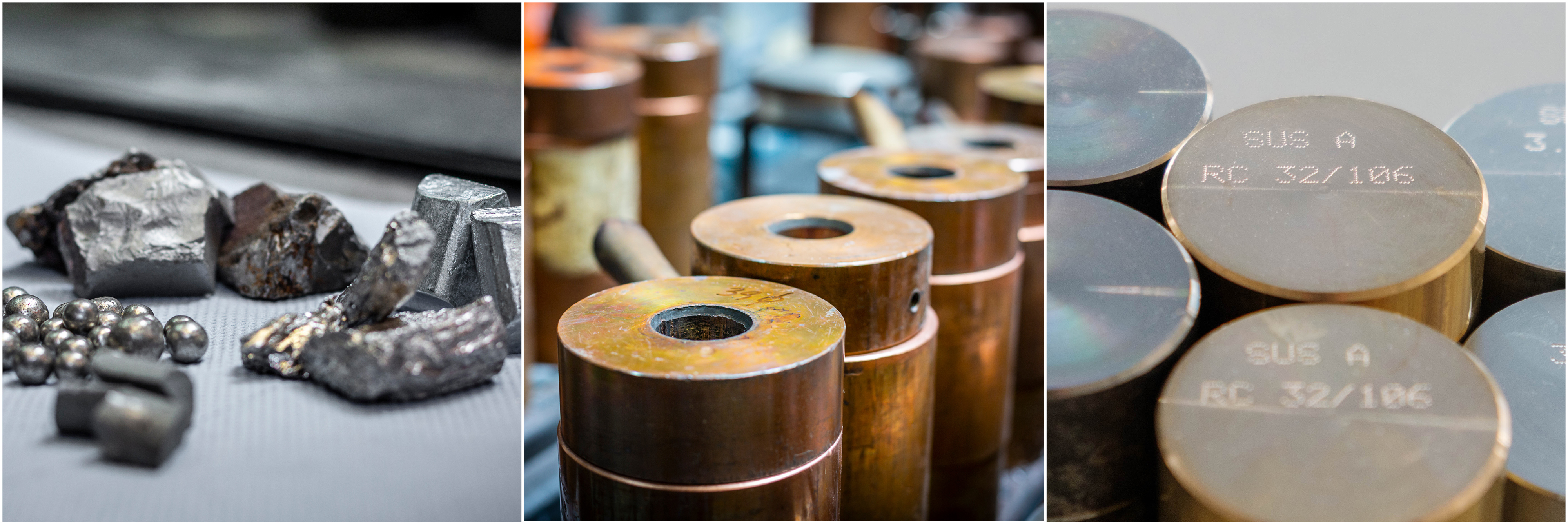 collage of raw materials, molds, and finished SUS-samples