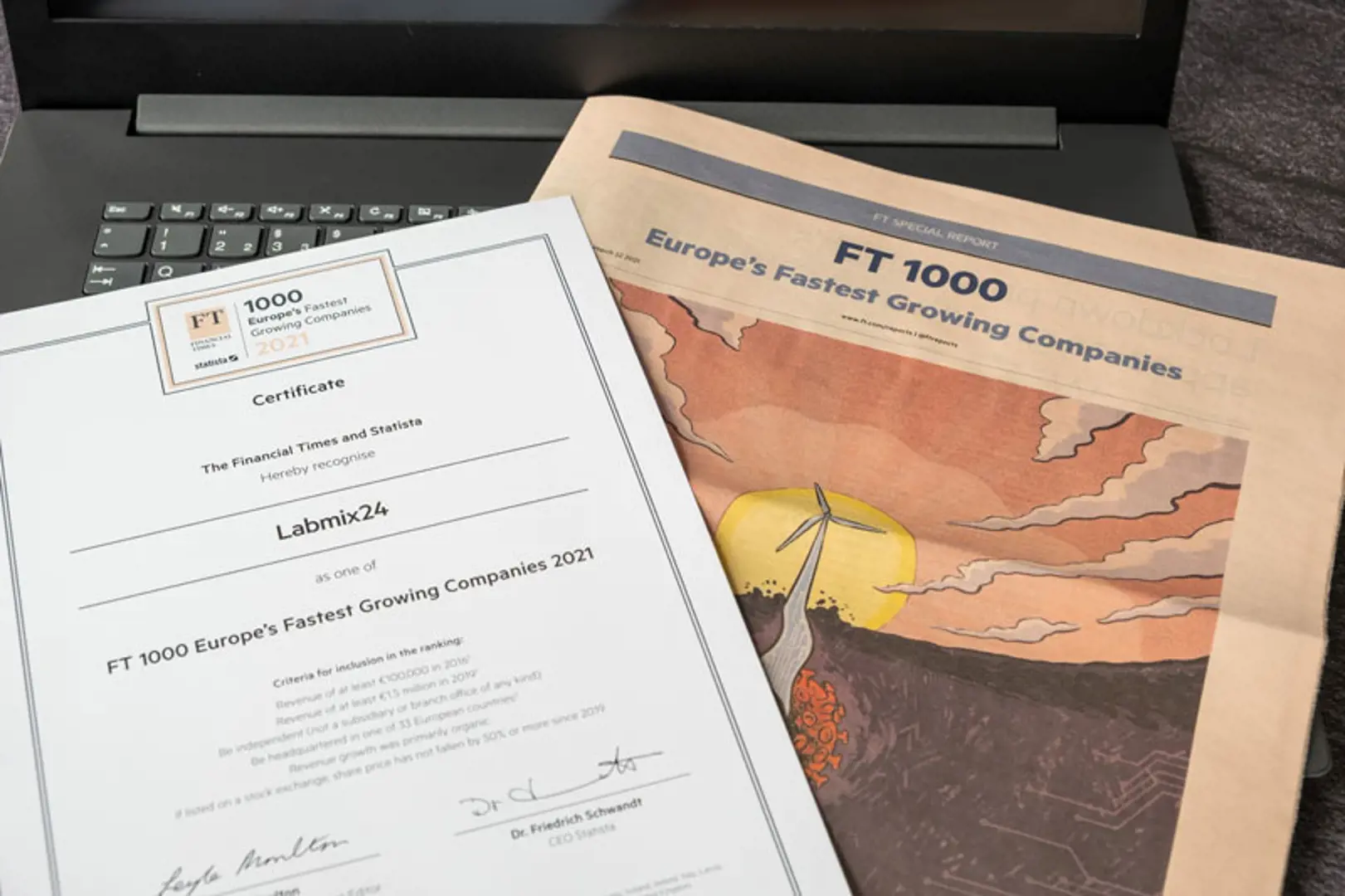 Labmix24 FT 1000 Certificate and the March 22, 2021 issue of the Financial Times
