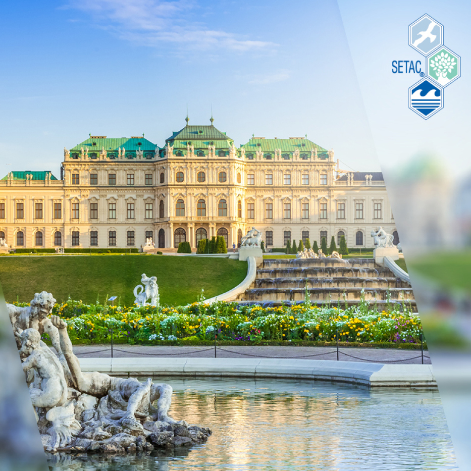 The fountain in front of Belvedere Palace in Vienna, Austria with the SETAC logo